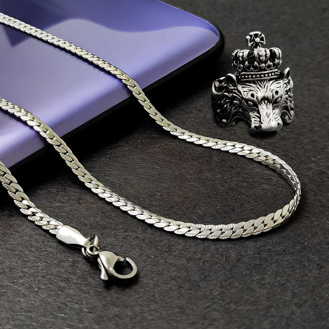 Men’s Silver Plated Chain & Lion Ring Combo Set
