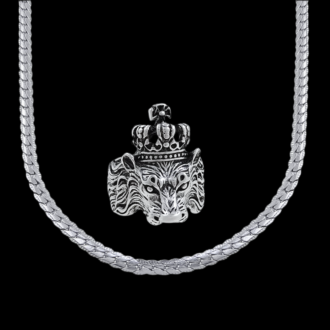 Men’s Silver Plated Chain & Lion Ring Combo Set