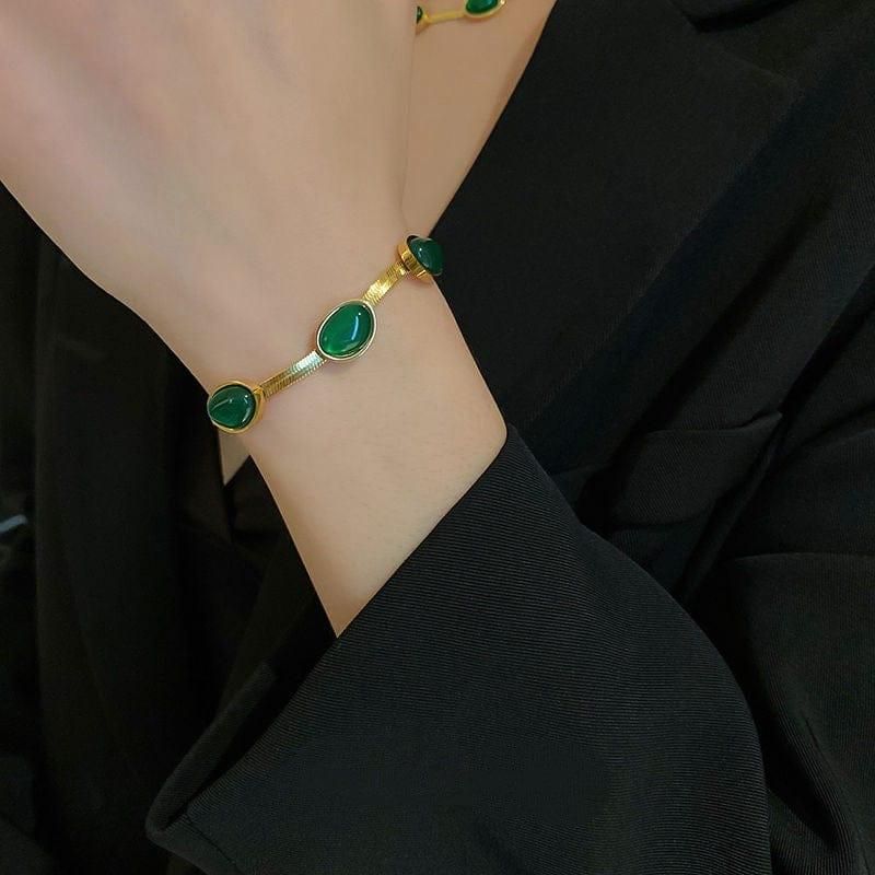 Oval Green Crystal Pendant Necklace Set with Bracelet for Women | Gold Plated Stainless Steel Jewelry