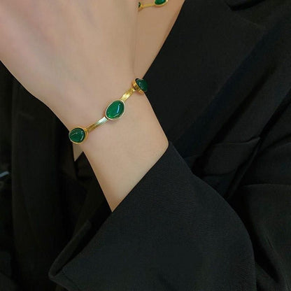 Oval Green Crystal Pendant Necklace Set with Bracelet for Women | Gold Plated Stainless Steel Jewelry