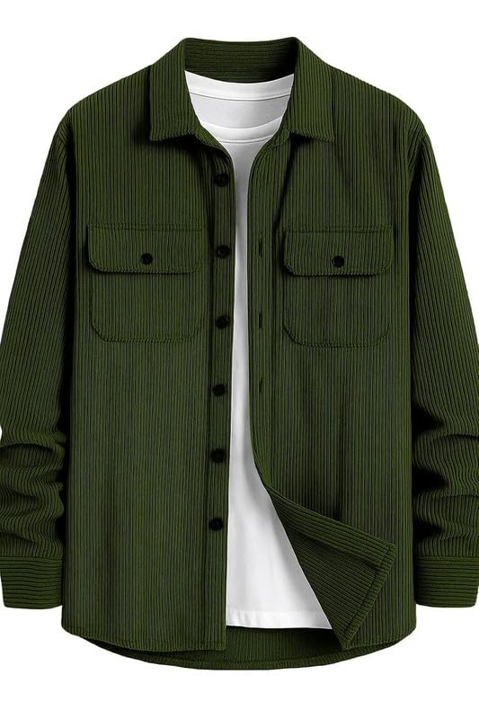 DEELMO Men’s Full Sleeve Corduroy Shirt | Stylish Textured Casual Button-Down Shacket for Autumn Winter | Dual Pocket Front Design | Ideal for Layering and Daily Outfits Black