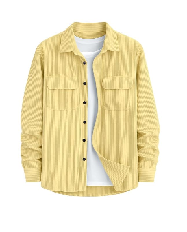 DEELMO Men’s Full Sleeve Corduroy Shirt | Stylish Textured Casual Button-Down Shacket for Autumn Winter | Dual Pocket Front Design | Ideal for Layering and Daily Outfits Black