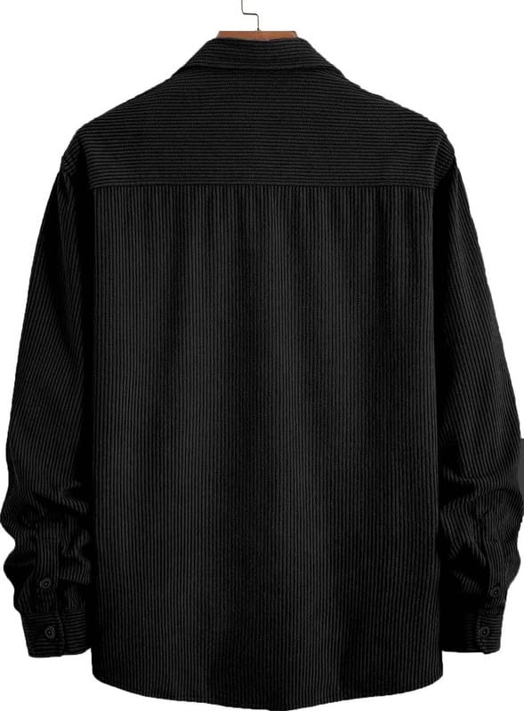 DEELMO Men’s Full Sleeve Corduroy Shirt | Stylish Textured Casual Button-Down Shacket for Autumn Winter | Dual Pocket Front Design | Ideal for Layering and Daily Outfits Black