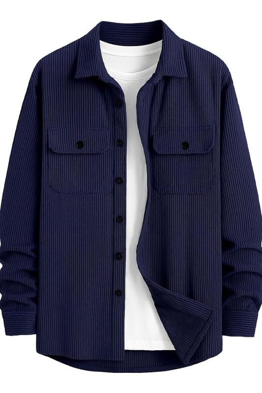 DEELMO Men’s Full Sleeve Corduroy Shirt | Stylish Textured Casual Button-Down Shacket for Autumn Winter | Dual Pocket Front Design | Ideal for Layering and Daily Outfits Black