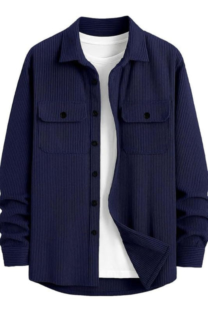 DEELMO Men’s Full Sleeve Corduroy Shirt | Stylish Textured Casual Button-Down Shacket for Autumn Winter | Dual Pocket Front Design | Ideal for Layering and Daily Outfits Black