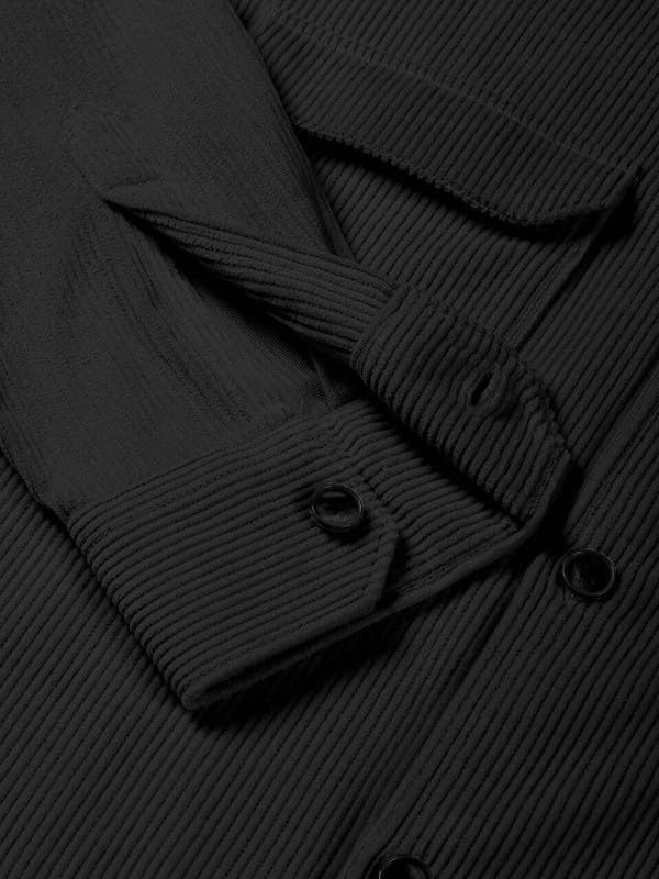 DEELMO Men’s Full Sleeve Corduroy Shirt | Stylish Textured Casual Button-Down Shacket for Autumn Winter | Dual Pocket Front Design | Ideal for Layering and Daily Outfits Black