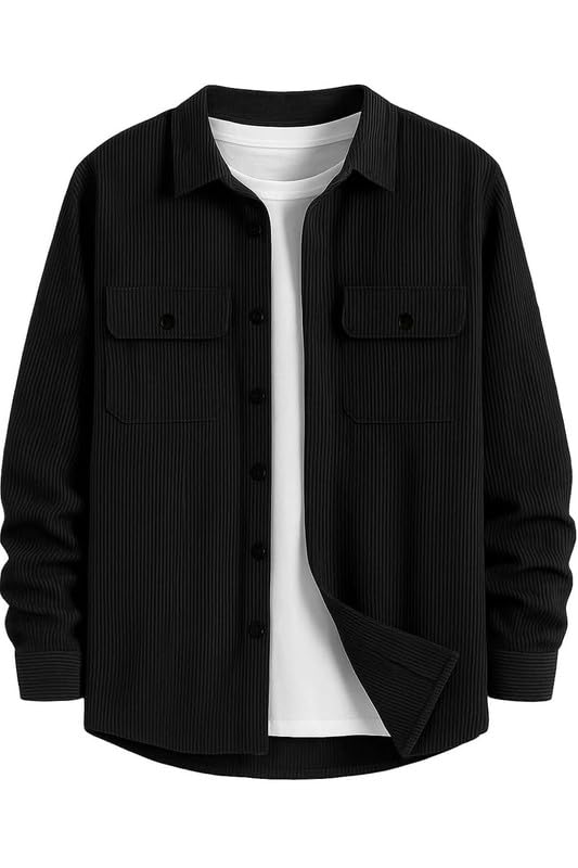 DEELMO Men’s Full Sleeve Corduroy Shirt | Stylish Textured Casual Button-Down Shacket for Autumn Winter | Dual Pocket Front Design | Ideal for Layering and Daily Outfits Black