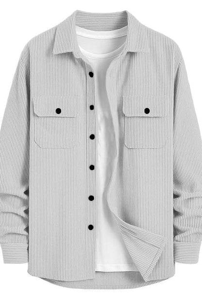 DEELMO Men’s Full Sleeve Corduroy Shirt | Stylish Textured Casual Button-Down Shacket for Autumn Winter | Dual Pocket Front Design | Ideal for Layering and Daily Outfits Black