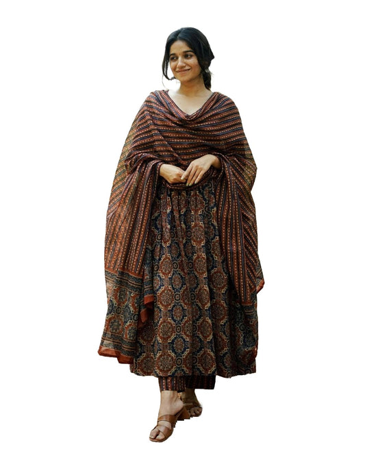 KLOSIA Women Viscose Printed Flared A-Line Kurta with Pant and Dupatta Suit Set | Kurta Set | Wedding Suit (Small) Brown