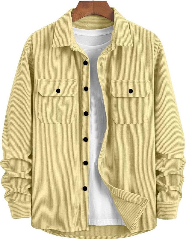 DEELMO Men’s Full Sleeve Corduroy Shirt | Stylish Textured Casual Button-Down Shacket for Autumn Winter | Dual Pocket Front Design | Ideal for Layering and Daily Outfits Black