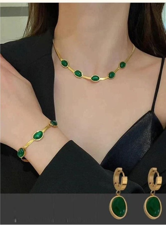 Oval Green Crystal Pendant Necklace Set with Bracelet for Women | Gold Plated Stainless Steel Jewelry