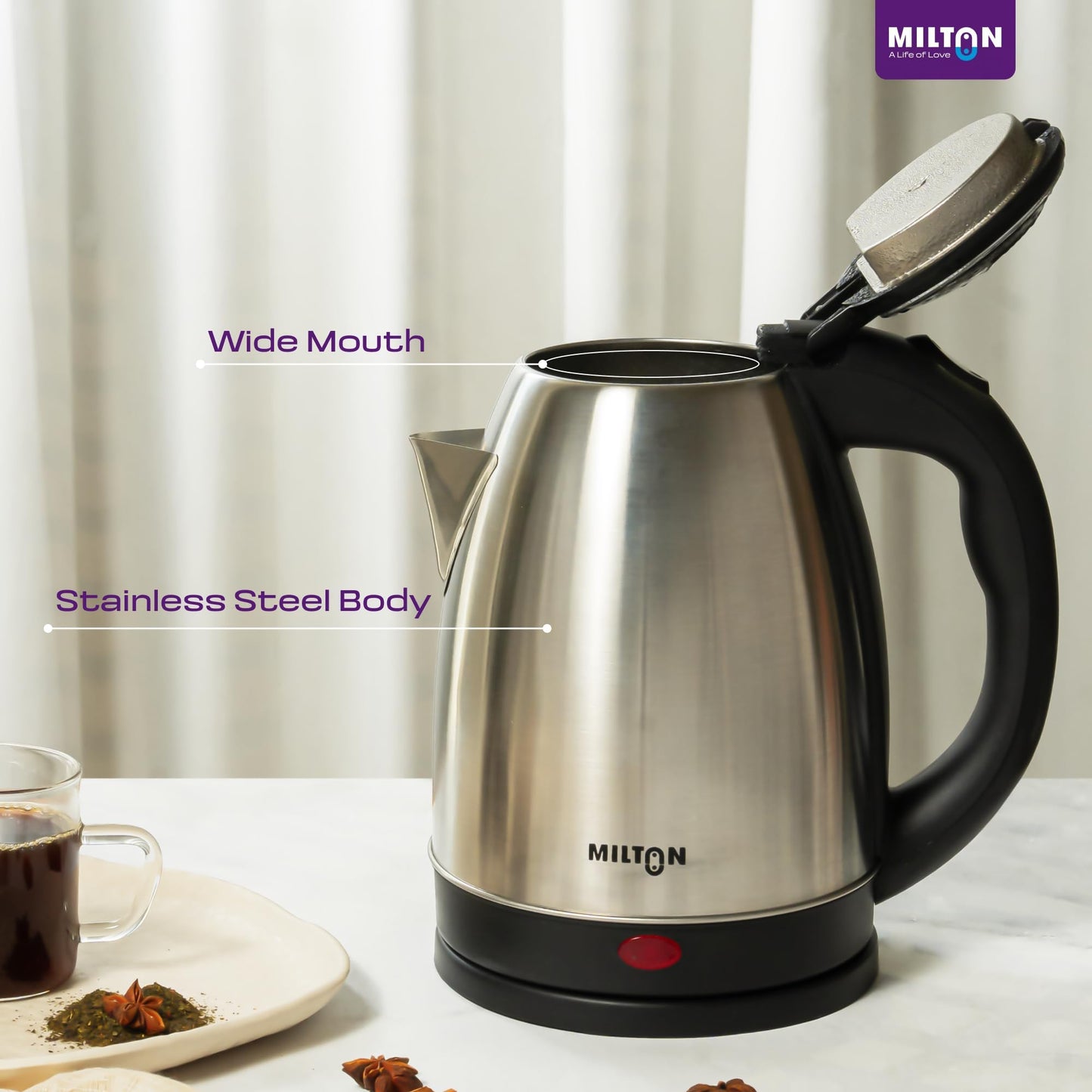 Milton Rapid Electric Kettle 1.8L | 1500 Watts | Stainless Steel Hot Water portable Electric Kettle for Home, Office | Auto Shut-Off with Wide Mouth | Cool-touch Handle and Single-Touch Lid Lock