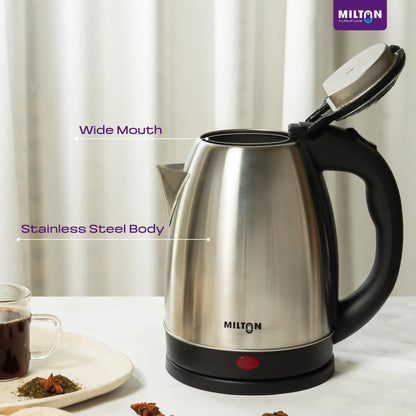 Milton Rapid Electric Kettle 1.8L | 1500 Watts | Stainless Steel Hot Water portable Electric Kettle for Home, Office | Auto Shut-Off with Wide Mouth | Cool-touch Handle and Single-Touch Lid Lock