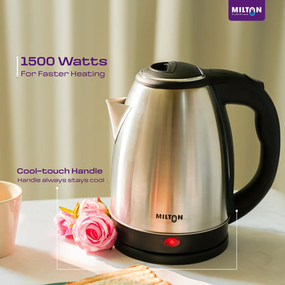 Milton Rapid Electric Kettle 1.8L | 1500 Watts | Stainless Steel Hot Water portable Electric Kettle for Home, Office | Auto Shut-Off with Wide Mouth | Cool-touch Handle and Single-Touch Lid Lock