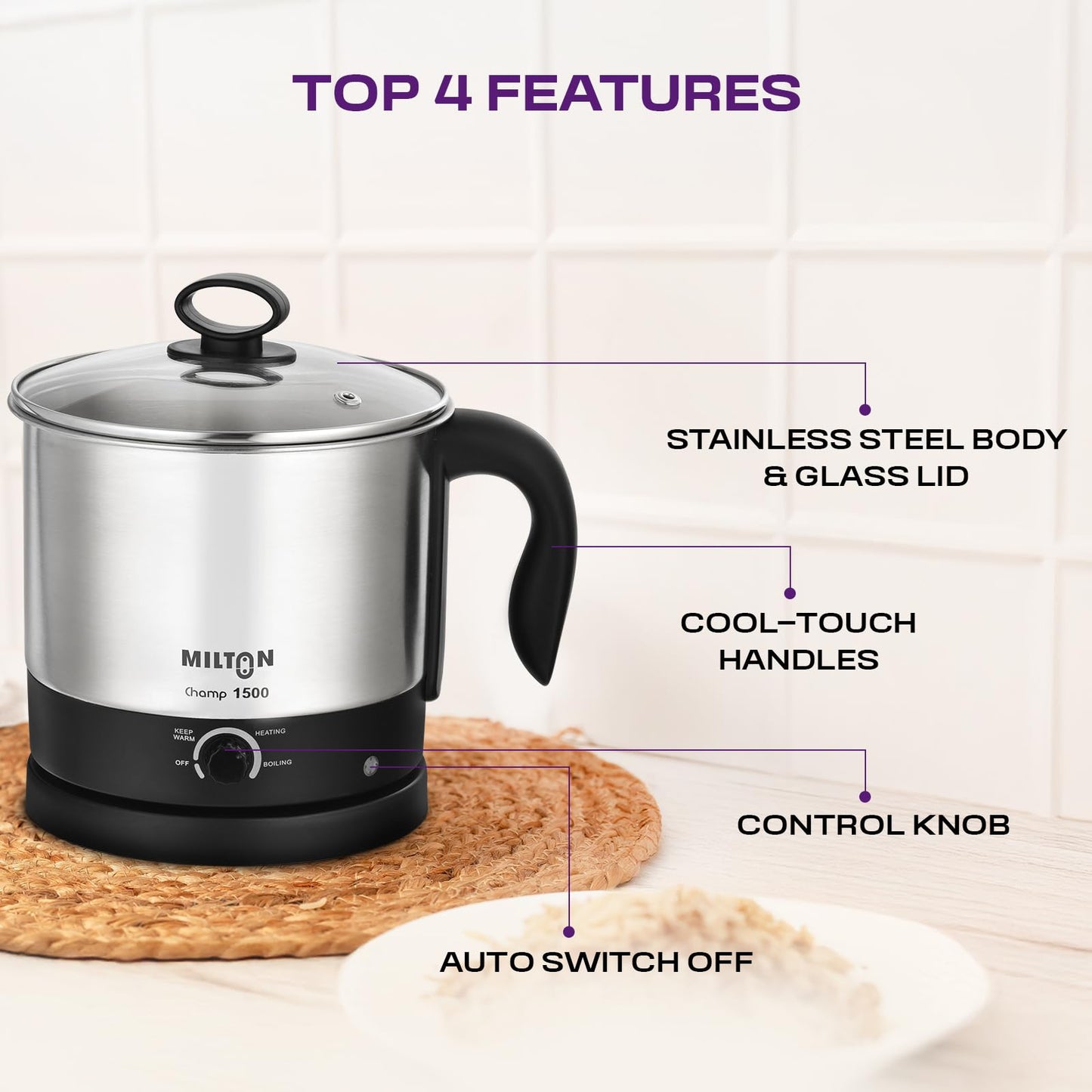 Milton Rapid Electric Kettle 1.8L | 1500 Watts | Stainless Steel Hot Water portable Electric Kettle for Home, Office | Auto Shut-Off with Wide Mouth | Cool-touch Handle and Single-Touch Lid Lock