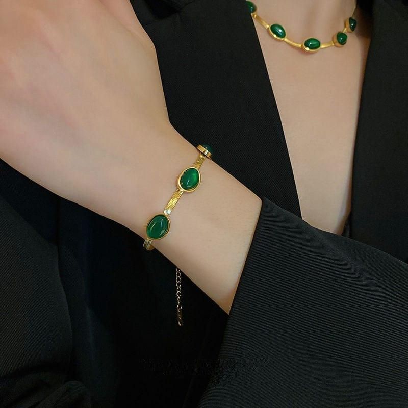 Oval Green Crystal Pendant Necklace Set with Bracelet for Women | Gold Plated Stainless Steel Jewelry