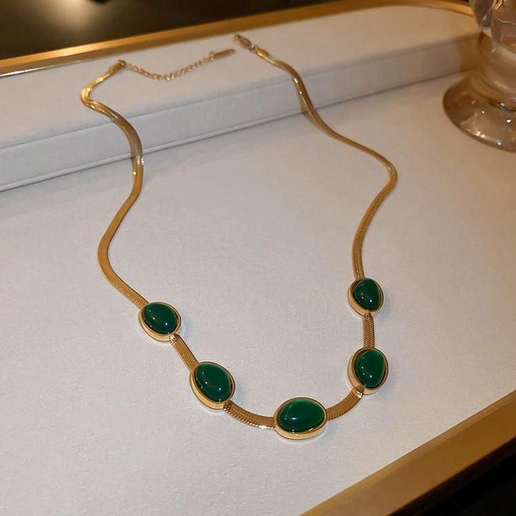 Oval Green Crystal Pendant Necklace Set with Bracelet for Women | Gold Plated Stainless Steel Jewelry