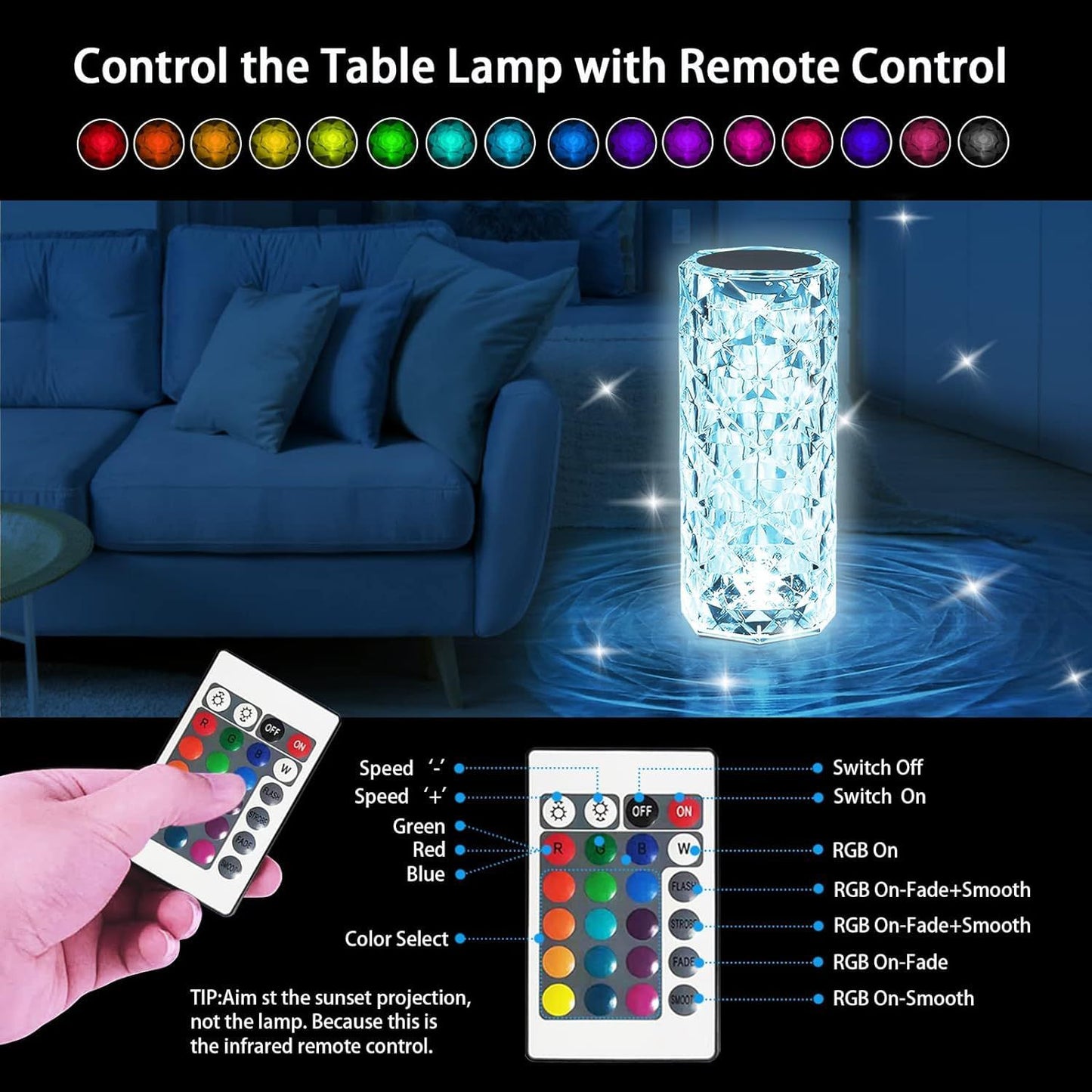 🌹 REFULGIX Rose Crystal Diamond LED Table Lamp (16 Color Changing | Touch + Remote Control | USB Rechargeable)